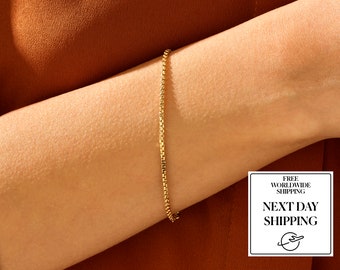14k Solid Gold Box Chain Bracelet, Womens Link Chain Gold Bracelets, Simple Gold Chain Bracelet,Bridesmaid Dainty Bracelet