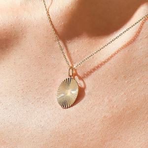 14K Solid Gold Oval Sun Necklace, Sunburst Medallion Pendant Minimalist, Birthday Gift for Her