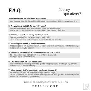May include: A black and white informational graphic titled F.A.Q. Got any questions? containing seven numbered questions and answers regarding ring materials, daily wear, photo accuracy, processing times, customs, customisation, and resizing policies.