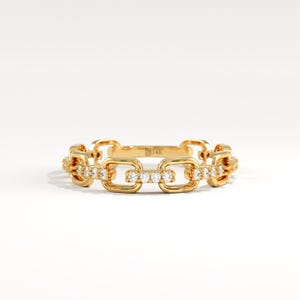 14k Gold Pave Diamond Chain Link Ring, Solid Gold Cable Link Stacking Band, Diamond Eternity Ring, Luxury Anniversary Gift for Wife