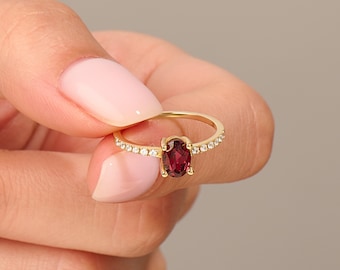 Garnet Oval Solitaire Ring | 14k Solid Gold Genuine Stone Solo Ring | Red Gemstone Engagement Ring Women | Accented Mothers Anniversary Ring