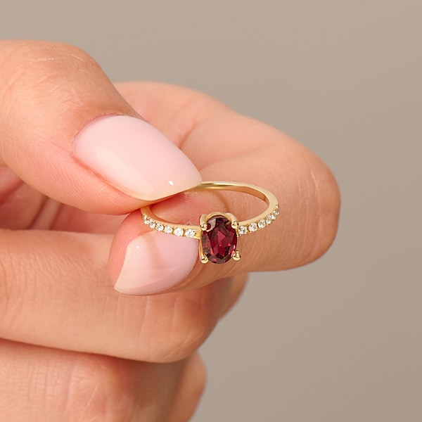 Garnet Oval Solitaire Ring | 14k Solid Gold Genuine Stone Solo Ring | Red Gemstone Engagement Ring Women | Accented Mothers Anniversary Ring