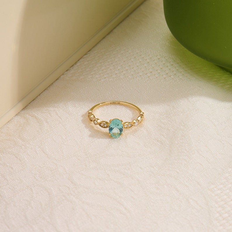 Vintage Mint Blue Tourmaline Ring, 14k Gold Art Deco Engagement Ring, Womens Solitaire Anniversary Ring, Solid Gold Oval Gemstone Ring image 8