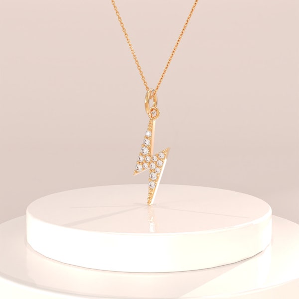 14k Solid Gold Lightning Pendant, Unique Bolt Charm Necklace Women, Minimal Electric Everyday Pendant, Simple Blitz Charm, Up to 20 inch