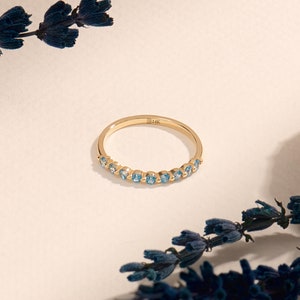 Stunning Aquamarine Wedding Ring, 14k Gold Blue Gemstone Stacking Ring,Mothers March Birthstone Ring,Slim Half Eternity Band Rings for Women image 3