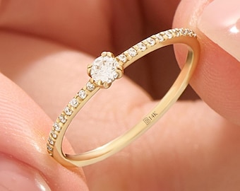 Dainty CZ Solitaire Ring 14K Solid Gold, Minimalist Promise Ring for Women, Tiny Stackable Band, Gift for Girlfriend