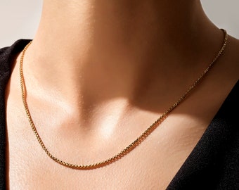 14k Solid Gold Box Chain Necklace, Simple Layering Necklace, Womens Link Chain, Real Gold Stackable Chain, Minimalist and Dainty Jewelry