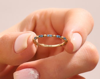 14k Gold Novella Ring, Solid Gold Blue Topaz Ring, Womens Sapphire Stacking Ring, Minimalist Sapphire Half Eternity Ring, Handmade Gifts