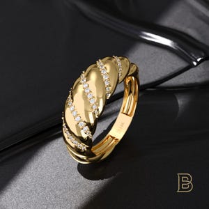 14k Solid Gold Chunky Dome Ring – Bold Twisted Rope Statement Band with Pavé CZ, Braided Wide Gold Ring, Handmade Jewelry Gift for Women
