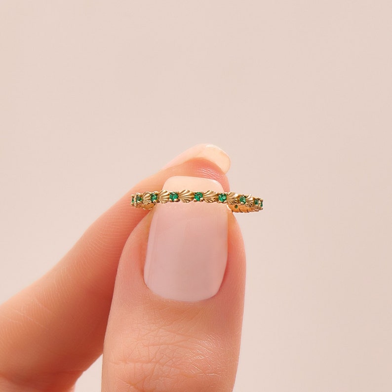 Solid Gold Emerald Seashell Band Ring, 14k Gold Stacking Ring Women, Thin Emerald Wedding Ring, Delicate 14 Karat Gold Stackable Rings image 1