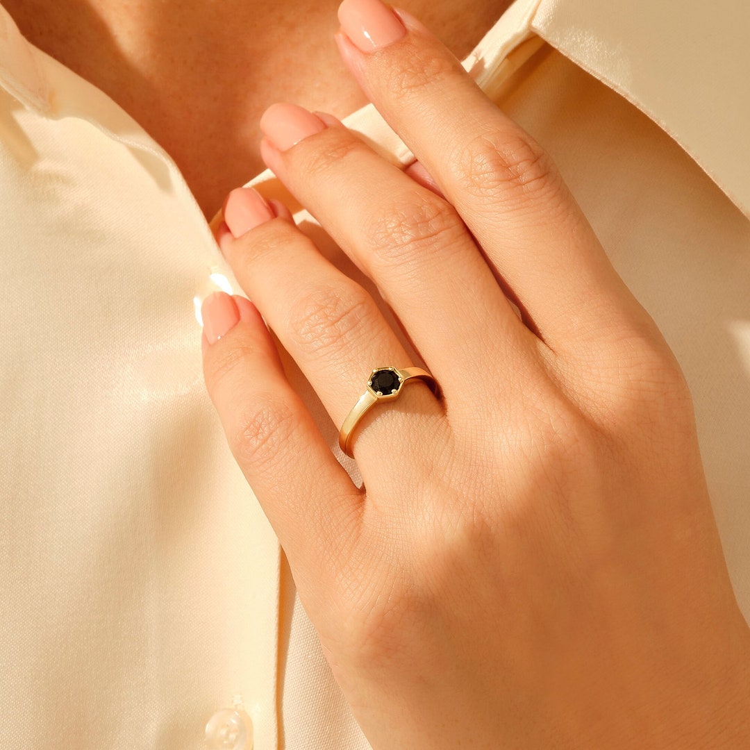 Stunning Black Engagement Ring 14k Solid Gold Pinky Ring With Etsy