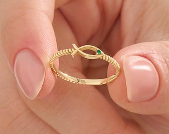 14K Gold Ichthys Ring, Christian Fish Symbol Band with Lab Emerald, Minimal Faith Jewelry