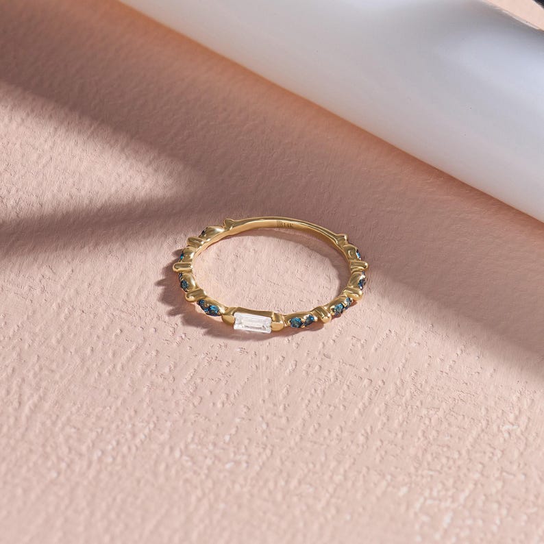 Baguette Blue Sapphire Ring 14k Solid Gold Dainty Stackable Band Multi Stone Ring Women image 2