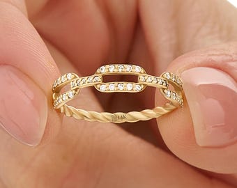 14K Solid Gold Paperclip Kettenring, Pave Link stapelbar Ring, Minimalist Zierliche Band, handgemachte Schmuck Geschenk für Freundin