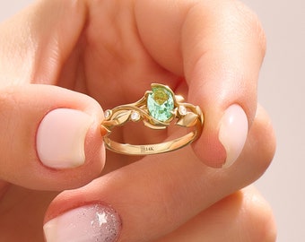 14k Gold Paraiba Tourmaline Ring, Solid Gold Flower Engagement Ring, Green Solitaire Rings for Women, Vine Anniversary Band, Handmade Gifts