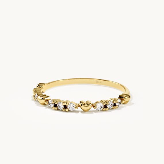 14K Solid Gold Heart Stacking Ring, Minimalist Dainty Love Band