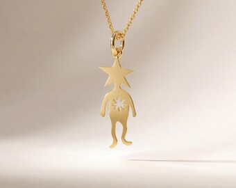 Starboy Pendant Necklace, Ships from USA, 14k Solid Gold Celestial Charm Necklace, Christmas Jewelry Gift for Her