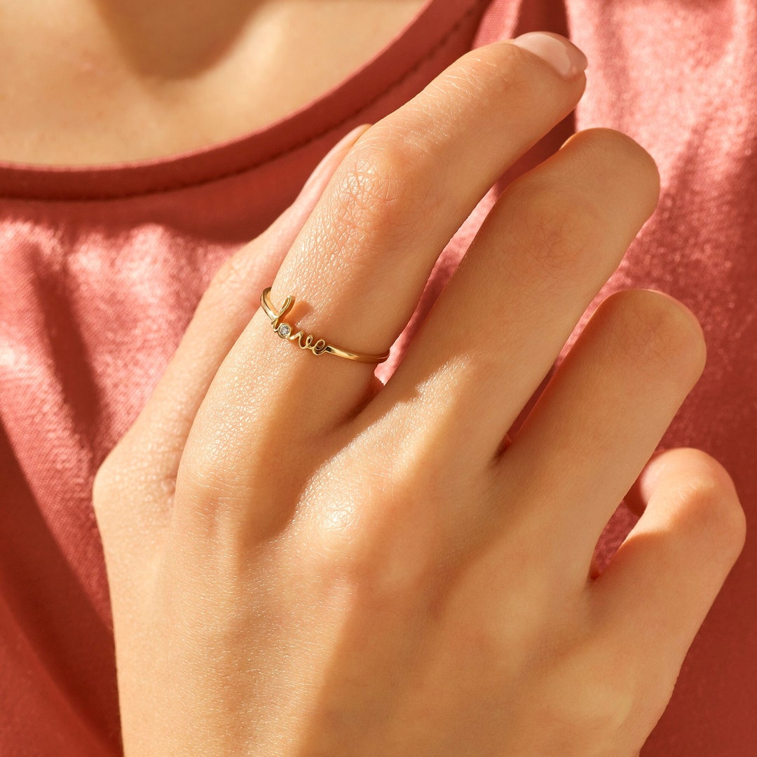 Stunning Love Band Ring, 14k Gold Love Script Rings for Women