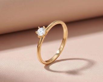 14K Solid Gold Solitaire Ring, Round Cut Moissanite Engagement Ring, Thin Gold Band Promise Ring, Minimalist Bridal Jewelry,Anniversary Gift
