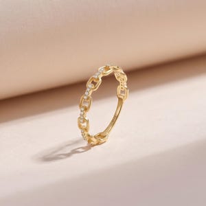 14K Solid Gold Paperclip Link Ring, Moissanite Chain Link Band, Minimalist Rectangular Link Ring, Modern Stacking Jewelry, Anniversary Gift