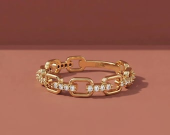 14K Gold Lab Diamond Chain Link Ring, Dainty Link Stacking Band, Women Diamond Eternity Ring