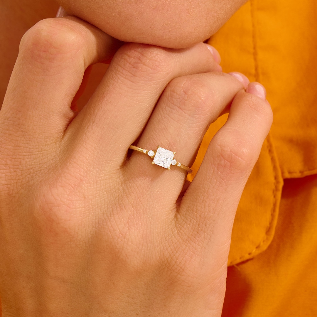 14k Gold Princess Cut Engagement Ring, Simple Moissanite Solitaire Ring