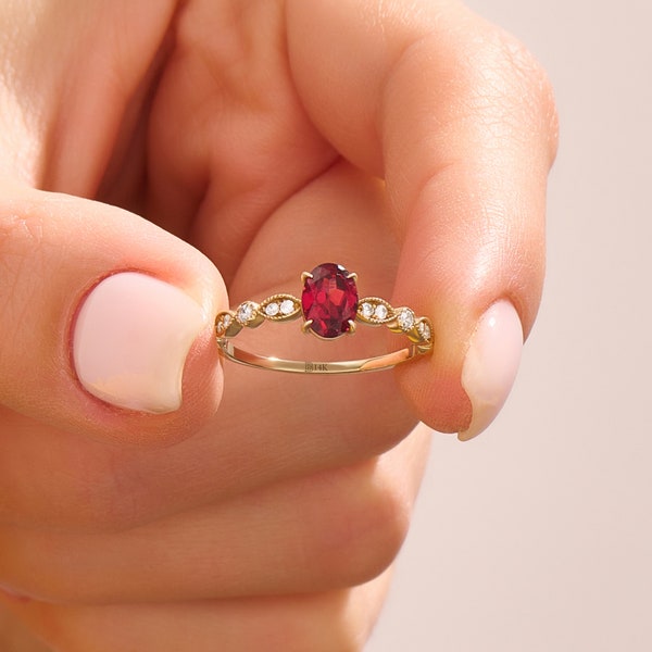 14k Gold Art Deco Garnet Ring, Solid Gold Garnet Solitaire Ring, Red Gemstone Engagement Ring, Women Vintage Design Ring, Oval Gemstone Ring