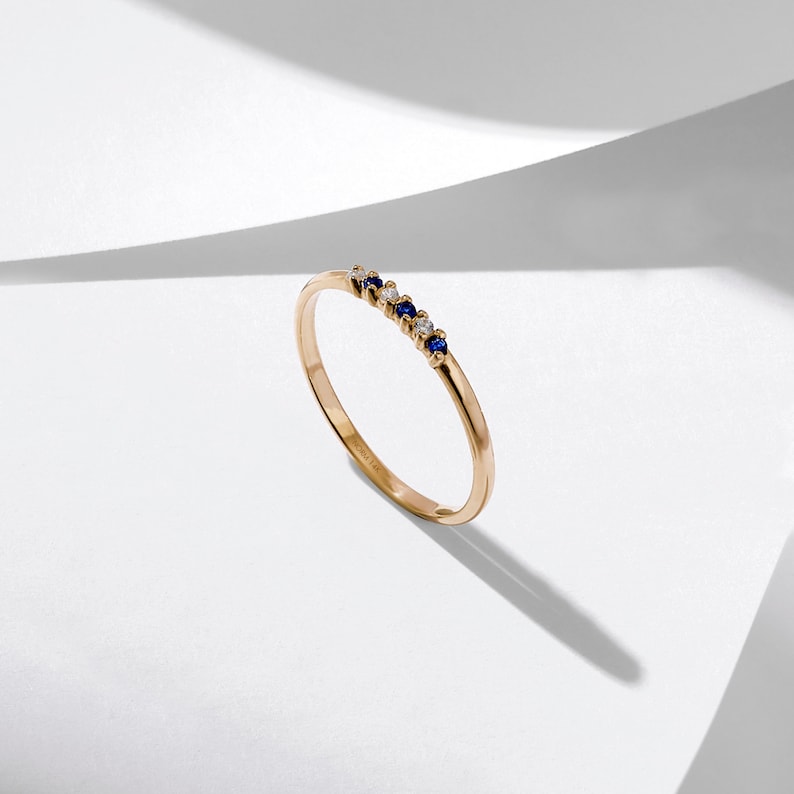 Sapphire Wedding Band, 14k Gold Stacking Rings Women, Solid Gold Blue Stackable Ring, Minimalist Thin Ring, Dainty Bridal Half Eternity Ring image 8