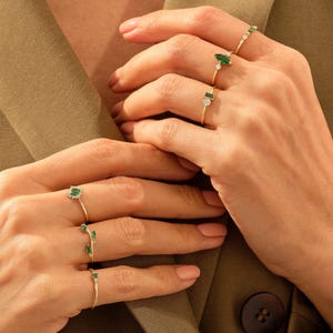 Toi et Moi Ring 14k Solid Gold, Emerald and Diamond Two Stone Ring, Bezel Set Wedding Band, Unique Anniversary Gift, Personalized Jewelry image 8