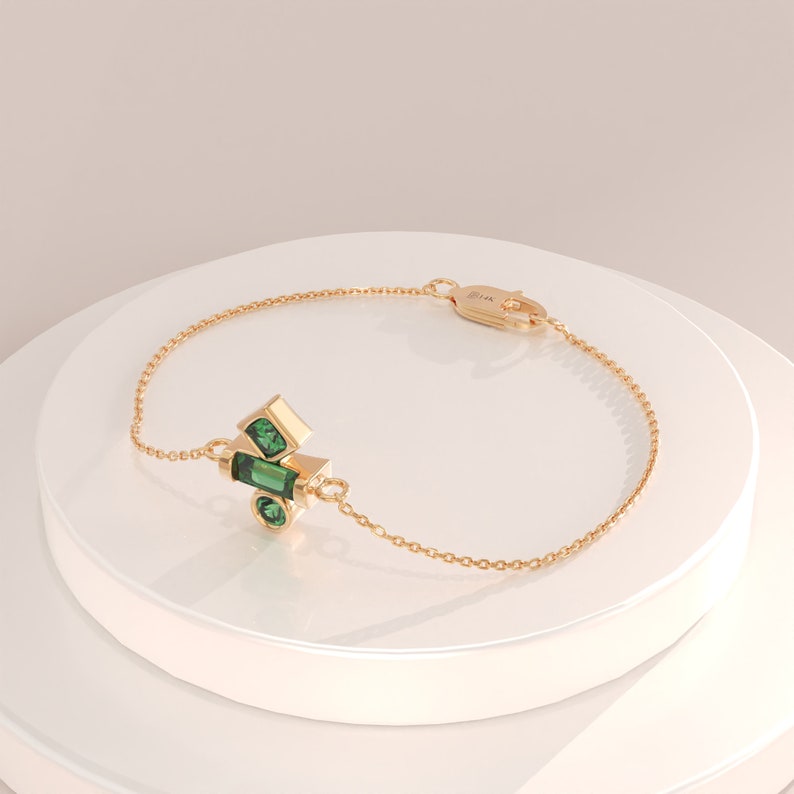 14k Gold Emerald Charm Bracelet, Solid Gold May Birthstone Bracelet, Womens Minimalist Green Bracelet, Dainty Emerald Stacking Bracelet image 8