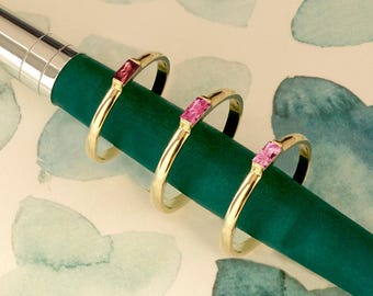 14K Solid Gold Birthstone Ring – Personalized Baguette Stacking Ring, Minimalist Custom Gemstone Jewelry, Gift for Her