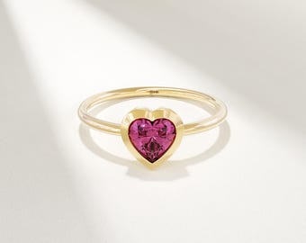 Dainty Heart Ruby Promise Ring - 14K Gold Plated, Cubic Zirconia, Delicate Women's Ring (Sizes 6-10)