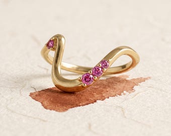 14K Solid Gold Lab Ruby Ring | Dainty Wavy Curved Stacking Band, July Birthstone Gift