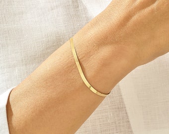 Solid Gold Herringbone Bracelet, Flat Snake Chain Bracelet Women, Italian Chain Bracelet, Yellow Rose White 14k Gold, Gold Armband