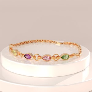 Solid Gold Birthstone Bracelet, 14k Gold Pear Stone Family Birthstone Bracelet, Custom Gemstone Bracelet, Mothers Personalised Gift Bracelet image 5