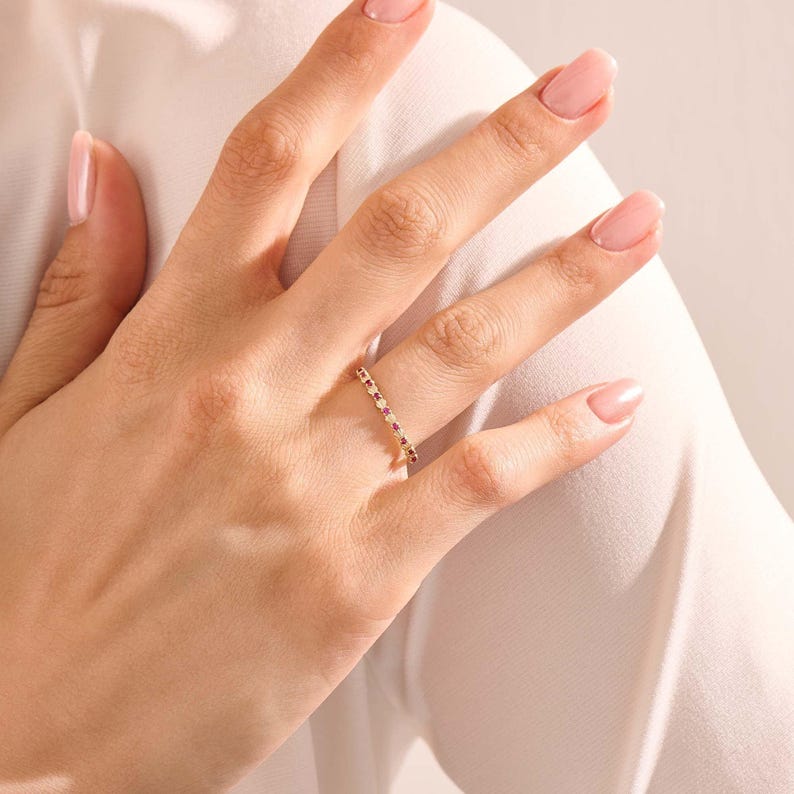 CZ Ruby Shell Ring, 14K Solid Gold Stackable Band, Dainty Ruby Ocean Inspired Ring, Minimalist Real Gold Pink Gemstone Ring, Gift For Her image 5