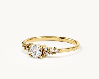 14K Solid Gold Lab Diamond Cluster Ring Minimalist Engagement Promise Ring Dainty Bridal Jewelry