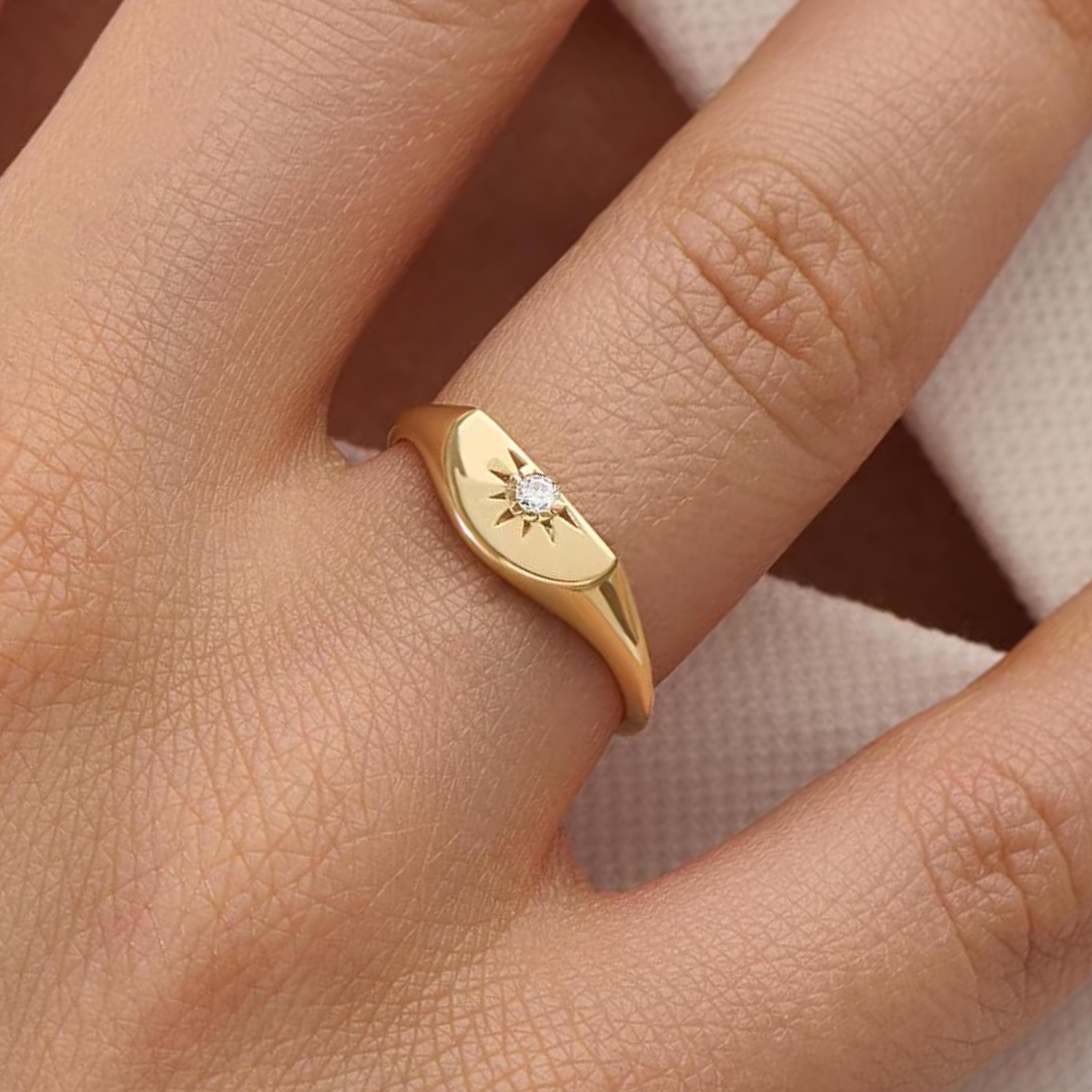 14K Solid Gold Half Moon Signet Ring, Dainty Sunburst Pinky Ring