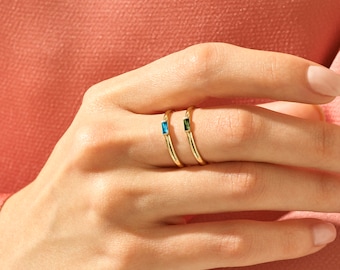 14k Gold Birthstone Baguette Ring, Solid Gold Custom Gemstone Ring, Womens Dainty Stackable Ring, Personalized Jewelry,Handmade Gift for Her