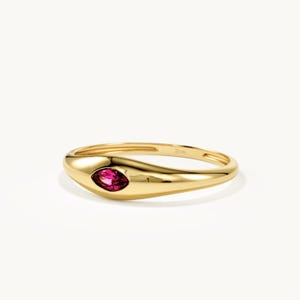 14K Solid Gold Marquise Ruby Signet Pinky Ring, Slim Minimal Band Jewelry, Birthday Gift for Women