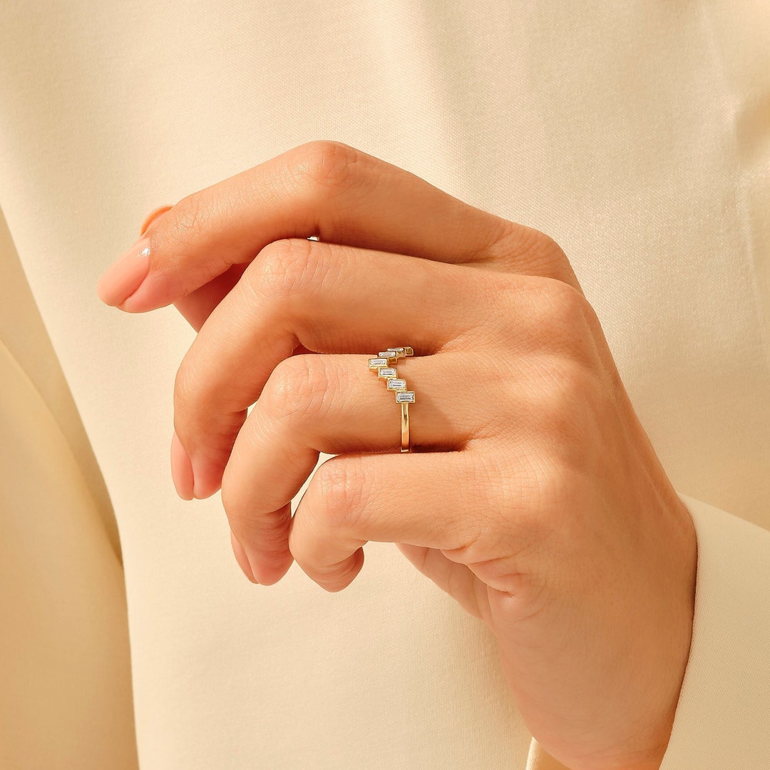 Bezel Set Baguette Curve Ring, 14k Solid Gold Womens Ring Enhancer, V