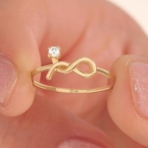 14k Solid Gold Infinity Ring, Dainty Promise Ring for Her, Index Finger Ring, Solo Diamond Ring, Unique Stackable Ring, Gift for Girlfriend