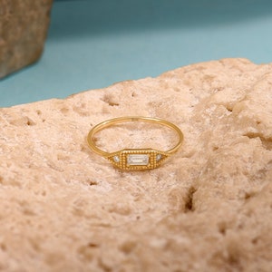 Solid Gold Baguette Signet Ring, 14k Minimalist Pinky Ring, Vintage Design Women Slim Statement Ring, Dainty Diamond Cz Stacking Band image 5