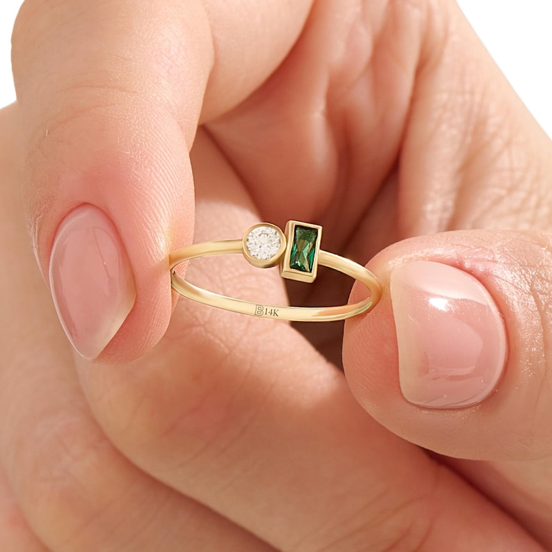 Toi et Moi Ring 14k Solid Gold, Emerald and Diamond Two Stone Ring, Bezel Set Wedding Band, Unique Anniversary Gift, Personalized Jewelry image 2
