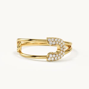 Säkerhetsnålsring i 14 karat massivt guld, elegant ring i pavédiamant i punkstil för kvinnor, unika, edgy statement-smycken, minimalistisk jubileumspresent till henne
