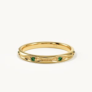 Emerald Wedding Band in Solid Gold, Art Deco Green Gemstone Eternity Ring, Brennmore Jewelry
