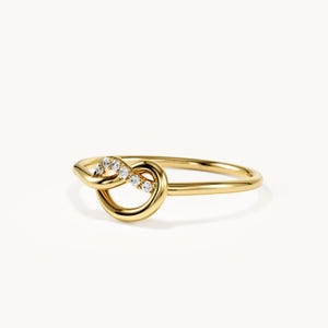Pave Diamond Knot Ring, Dainty Love Knot Band, 14K Solid Gold Minimalist Promise Ring, Anniversary Gift Girlfriend