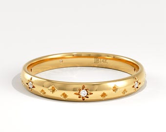 14K Solid Gold Starburst Ring, Starry Night Wedding Band, Diamond Celestial Eternity Ring, North Star Stacking Band, Unique Anniversary Gift