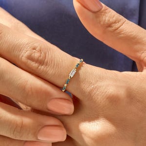 Baguette Blue Sapphire Ring 14k Solid Gold Dainty Stackable Band Multi Stone Ring Women image 7