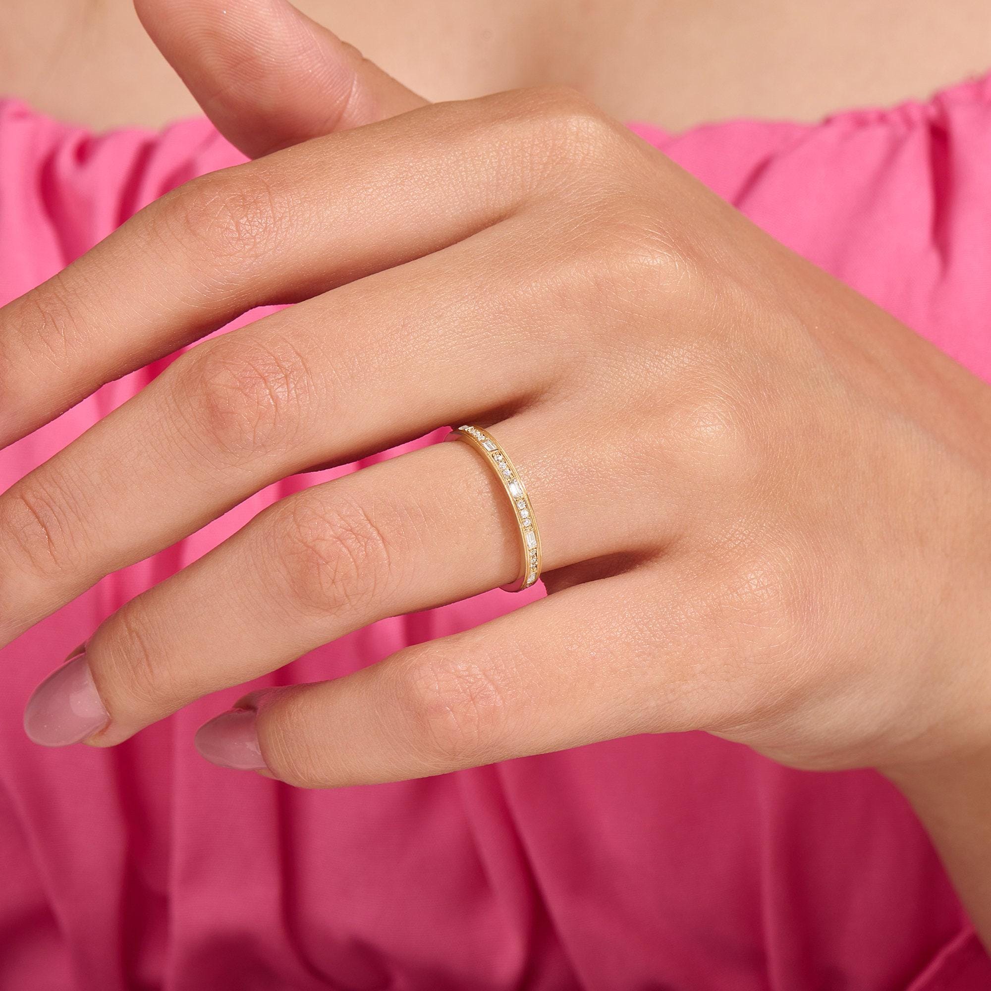 14k Solid Gold Channel Set Wedding Band - Half Eternity Moissanite Ring ...
